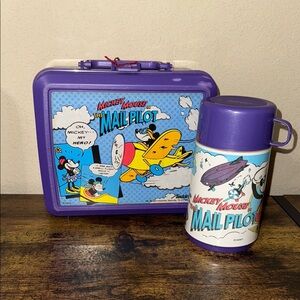 Disney Purple Mickey Mouse Mail Pilot Lunchbox and Thermos vintage